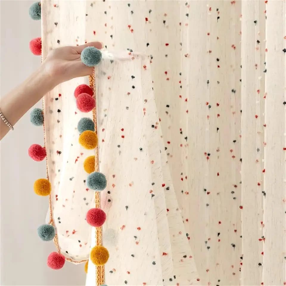 Boho Rainbow Sheer Curtain with Colorful Pom Pom Voile Drapes Faux Linen
