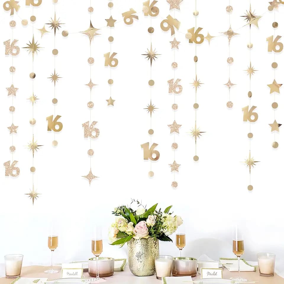 Champagne Gold Number 16 Circle Dot Twinkle Star Garland Streamer Bunting Banner Backdrop Decorations for Girls Happy 16th Birthday Sweet Sixteen 16th Anniversary Cheers to 16 Years Party Decor