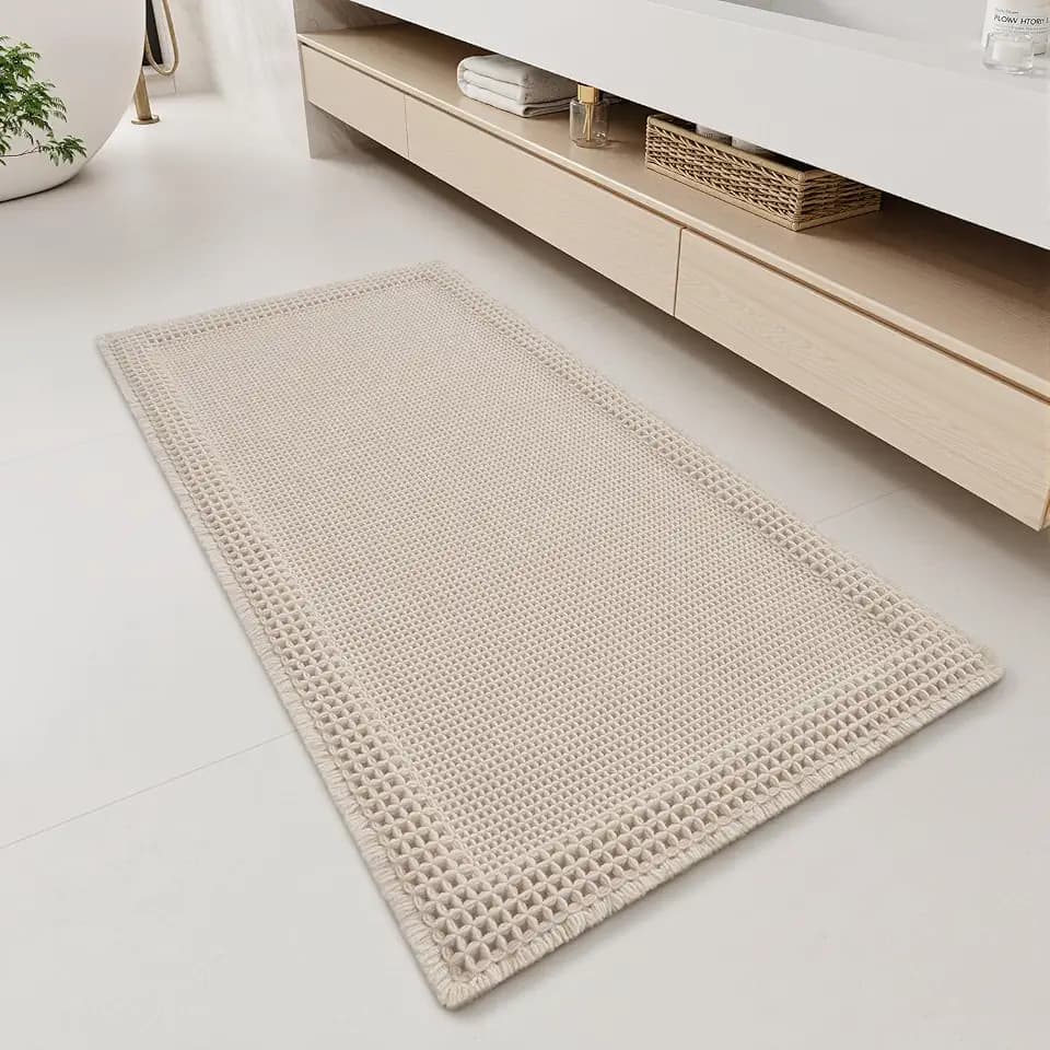RESARE Waffle Bathroom Runner Rugs, Non Slip Boho Bath Mat 24x48 Pale Beige
