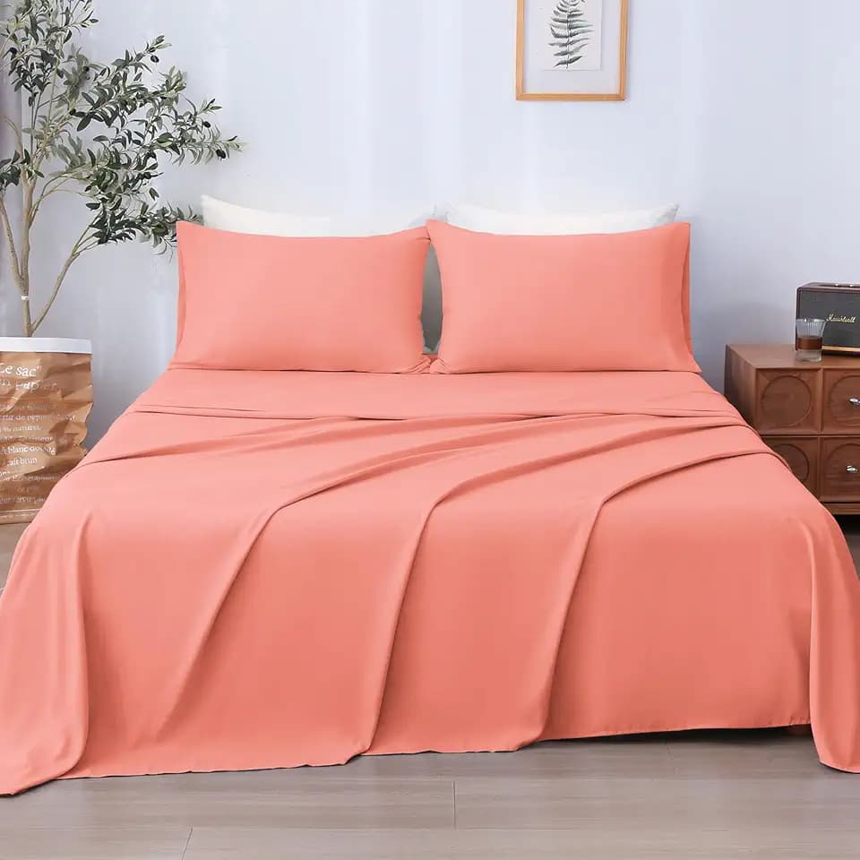 LONAVA Full Sheet Set 4 Pieces,Peachy Coral Ultra Soft & Breathable Microbifer Sheets, 1600 Thread Count Hotel Luxury Oeko-Tex Bed Sheets, 14-16 Inch Deep Pocket Durable Wrinkle Free Sheets