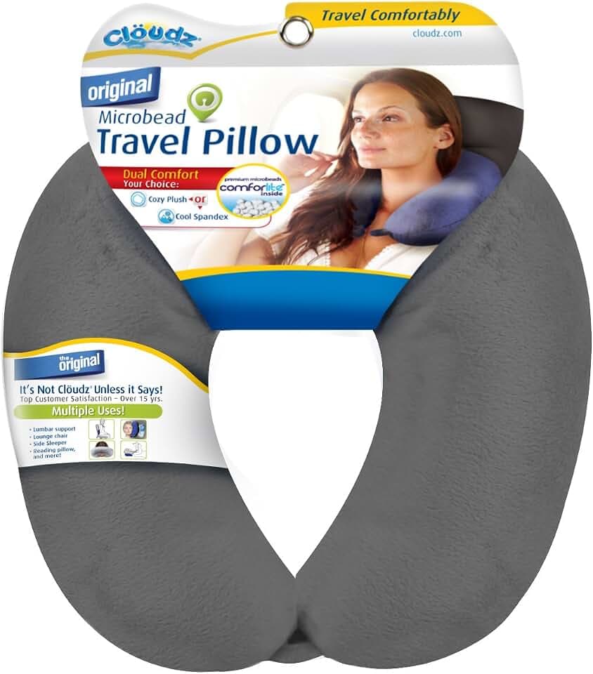 Cloudz Dual Comfort Microbead Airplane Travel Neck Pillow. Super Soft Cozy Plush Fabric on One Side, Cool Relaxing Spandex on the Other! - Grey