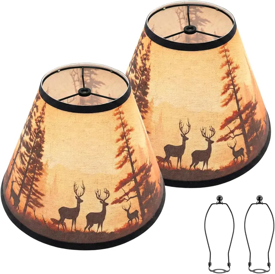 2 Packs Rustic Deer Printed Lamp Shades with Harps, Brown Empire Shape(6" Top x 13" Bottom x 10" High), Spider Fitter Lampshade for Table Lamp Replacement, Cabin Lodge & Farmhouse Decor, Easy Assembly