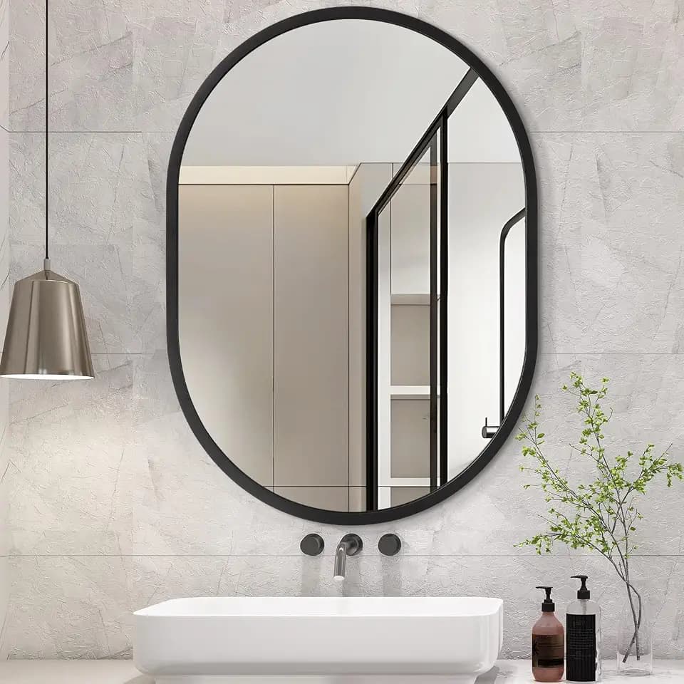 JJUUYOU Oval Mirror Black Metal Framed Bathroom Mirrors for Wall 18X26 Inch Matte Bedroom Vanity Mirror Farmhouse Anti-Rust Tempered Glass Hangs Horizontally or Vertically Mirrors