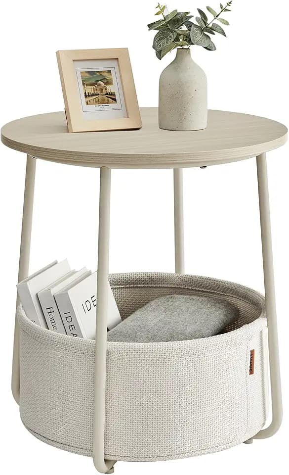 VASAGLE Small Round Side End Table, Small Nightstand with Fabric Basket