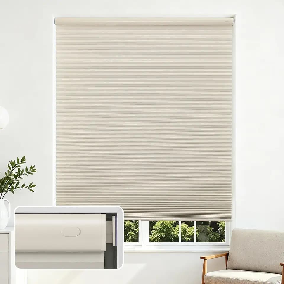 Joydeco No Drill Light Filtering Cellular Shades, 33" W x 64" H, Beige