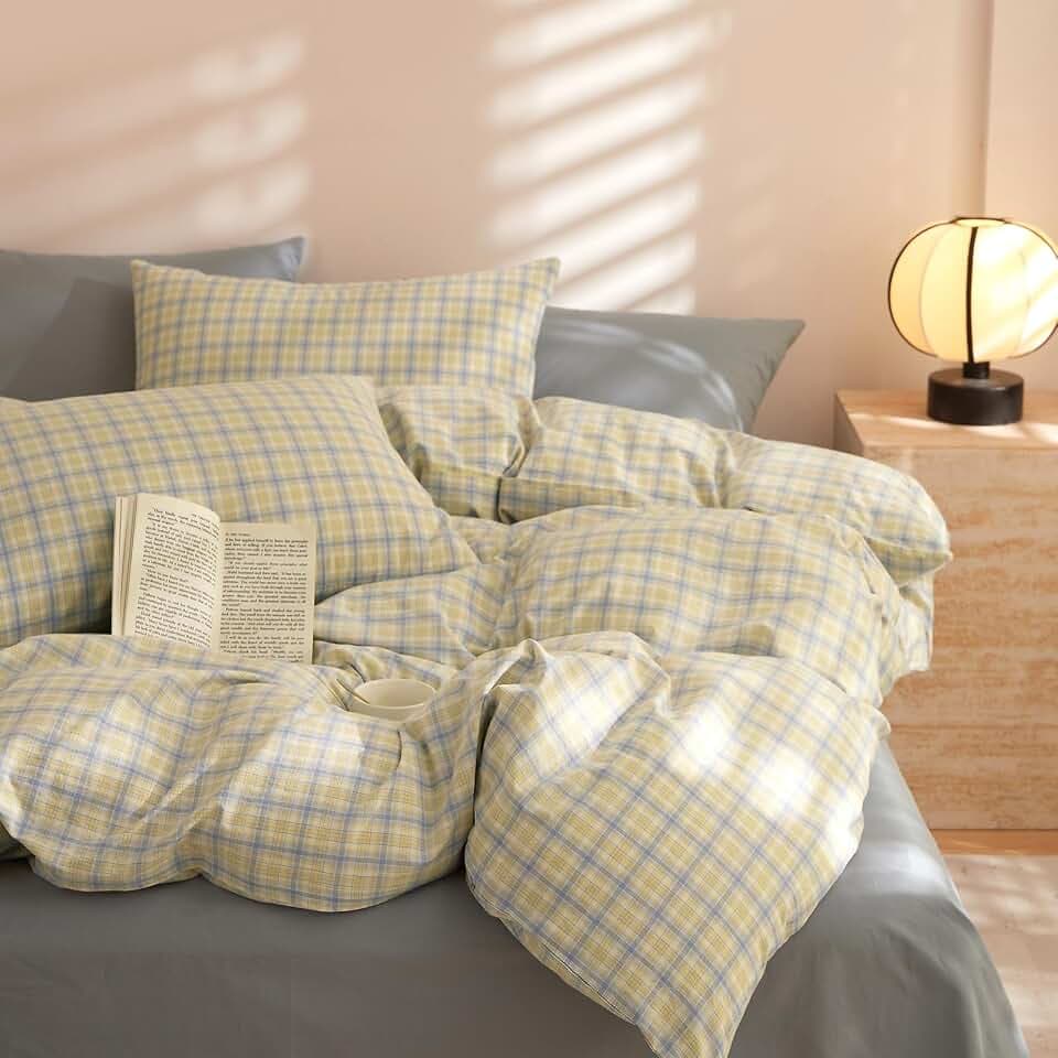 EAVD Blue Yellow Gingham Comforter Set King Soft Modern Grid Plaid Comforter Set 3 Pieces Reversible Grid Checkered Pattern Bedding with 2 Pillowcases Farmhouse Gingham Bedding Set for All-Season