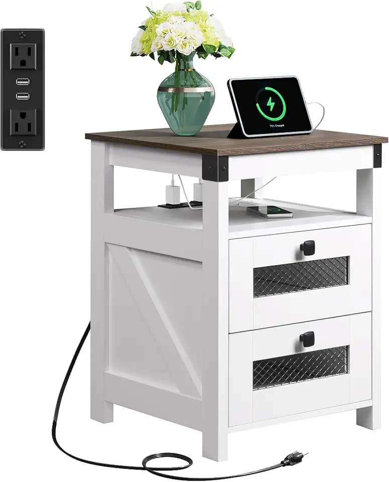 WLIVE Nightstand with Charging Station, Farmhouse End Table, Bed Side Table with 2 Storage Drawers and Open Shelf, Wood Rustic Nightstands for Bedroom, White