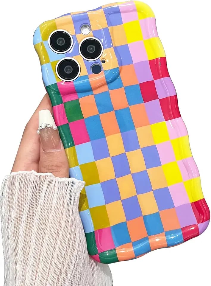 Compatible with iPhone 13 Pro Max Case, Cute Wave Curly Colorful Checkerboard Plaid Phone Case for Women/Men, Soft TPU Shockproof Protection Case Designed for iPhone 13 Pro Max (Colorful 2)