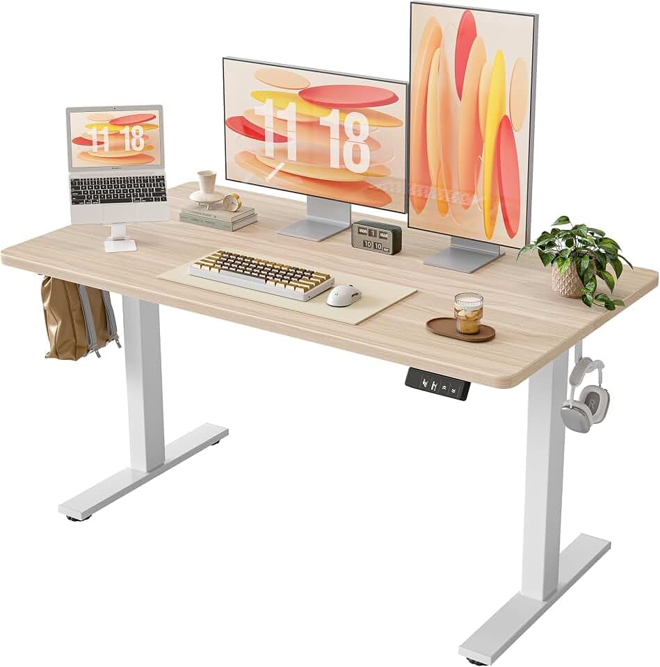TIQLAB 55 * 28 Inches Standing Desk, Adjustable Height Stand up Desk,Sit Stand Home Office Table with Splice Board, Light Walnut