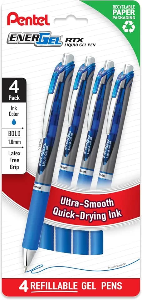Pentel EnerGel RTX Liquid Gel Pens, Bold (1.0mm), Blue Ink, 4-pk (BL80PF4C)