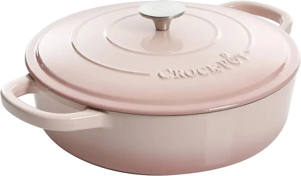 Crock-Pot Artisan 5-Quart Blush Pink Enameled Cast Iron Braiser with Lid – Durable Slow Cooker and Oven Safe Cookware