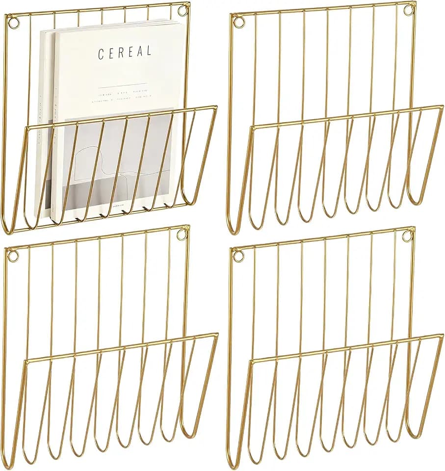 4Pack Wall Magazine Rack, Gold Magazine Holder, Metal Wall File Organizer