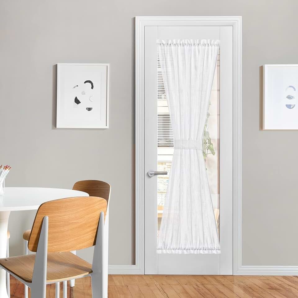 NICETOWN Sheer French Door Curtain, White Linen Door Window Curtain Rod Pocket Light Filtering Drapes for Living Room Tieback Included(26" Width x 72" Lngth, 1 Panel)