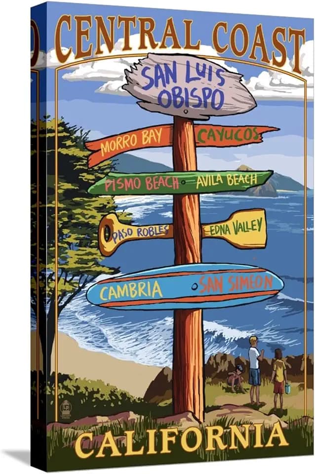 ART.COM Stretched Canvas Print Central Coast, California - Destination Sign by Lantern Press, 12" x 18"