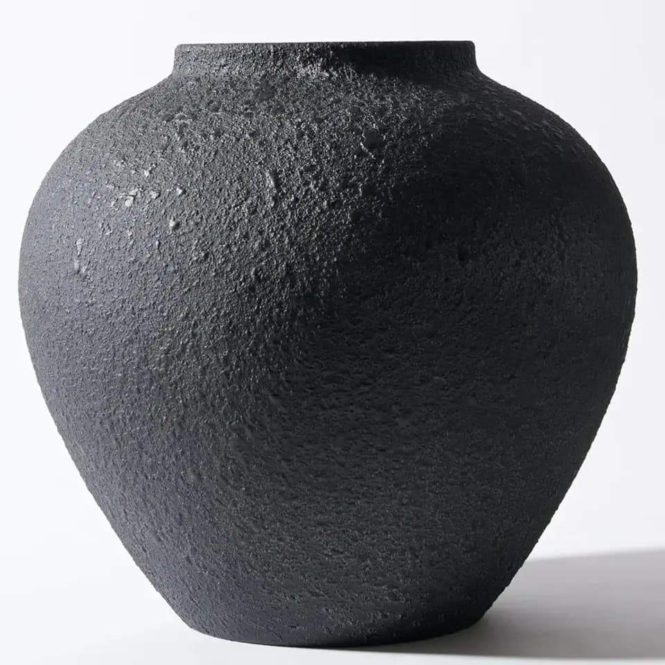 Large Black Round Vase, Pottery Rustic Look for Home Decor