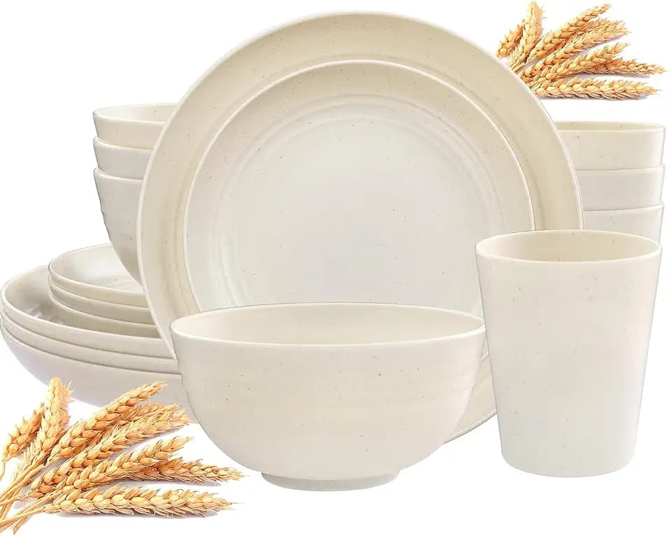 LIYH Beige 16 Pcs Unbreakable Plastic Dinnerware Sets Kids Camper BPA Free