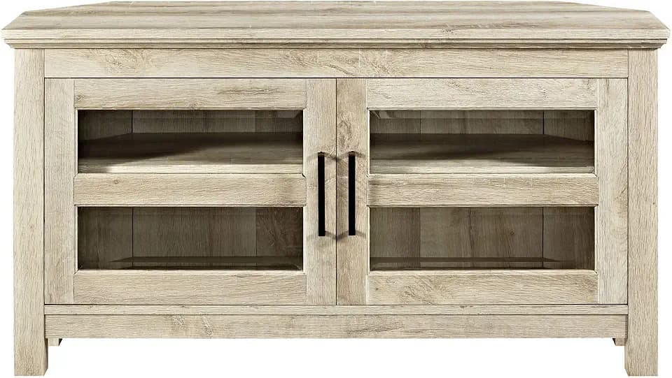 Walker Edison Modern Farmhouse Wood Corner Universal TV Stand for TV's up to 50" Flat Screen Living Room Storage Entertainment Center, White, White