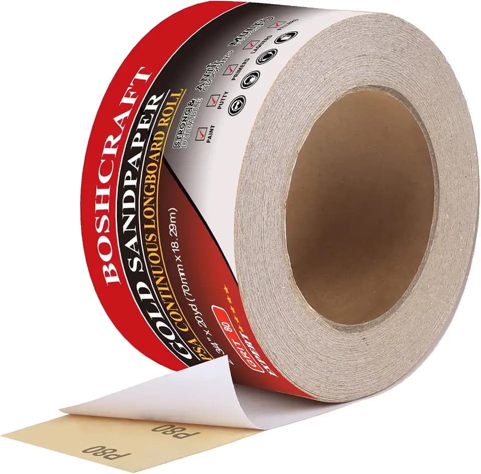 BOSHCRAFT 80 Grit PSA Longboard Sandpaper, 20-Yard Long Continuous Roll 2-3/4" Wide Self-Adhesive Sanding Paper for Auto Body Woodworking Metalworking