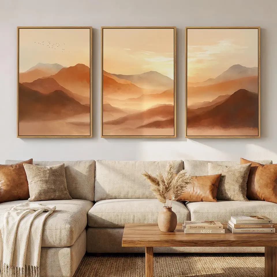 Framed Orange Abstract Mountain Wall Art for Living Room, 3 Piece, 24x36 In