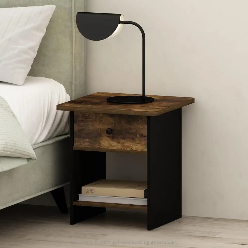 Furinno TIDUR Night Stand, Square Round Corner Nightstand with Storage Bin, Bedside Table, End Table, Side Table with Shelf, for Bedroom, Closet, Dorm, Amber Pine