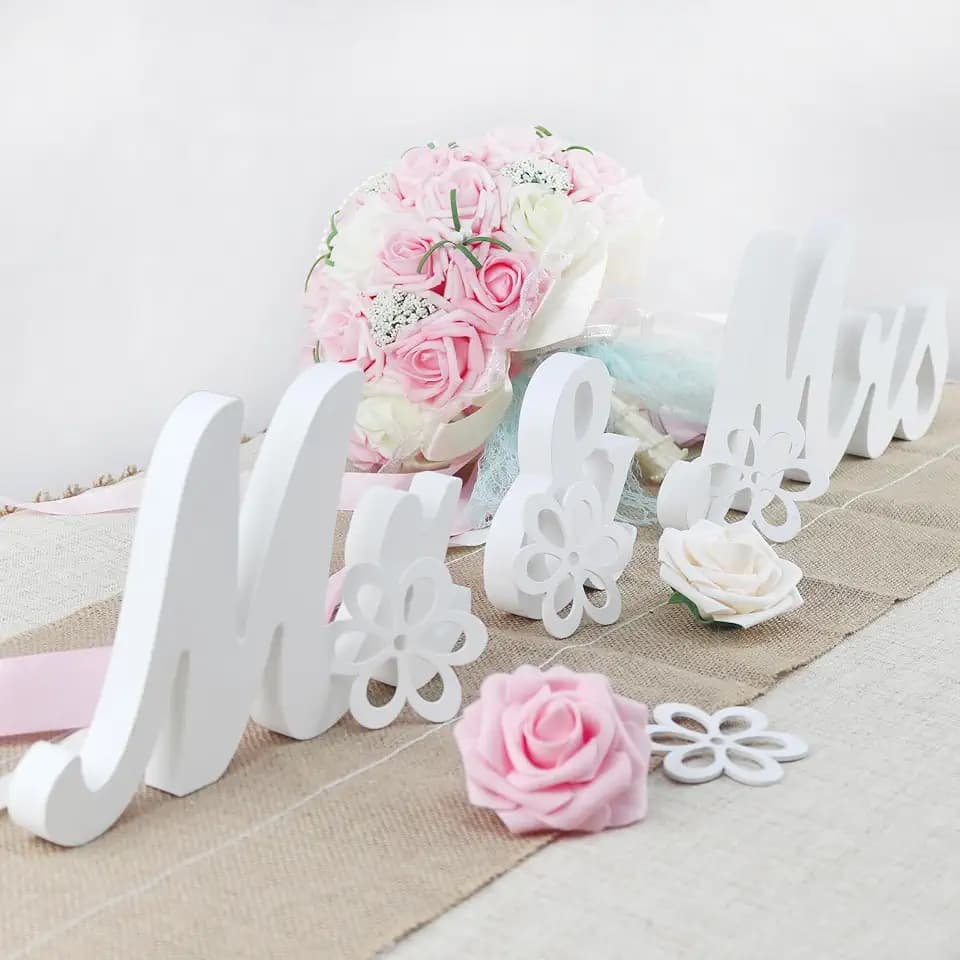 Mr & Mrs Signs Freestanding Letters - Rustic Wedding Decoration for Anniversary & Showers (White W/flower pads)