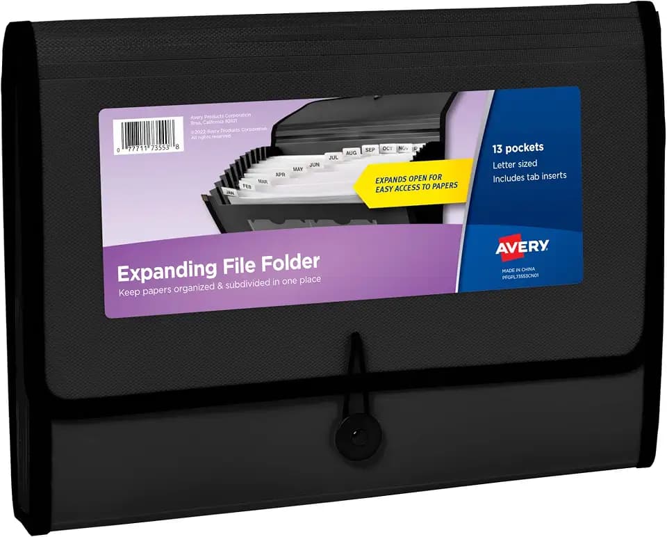 Avery Expanding File Folder Organizer, 13-Pocket Accordion File Organizer, Black, Holds 425 Letter/A4-Size Sheets (73553)