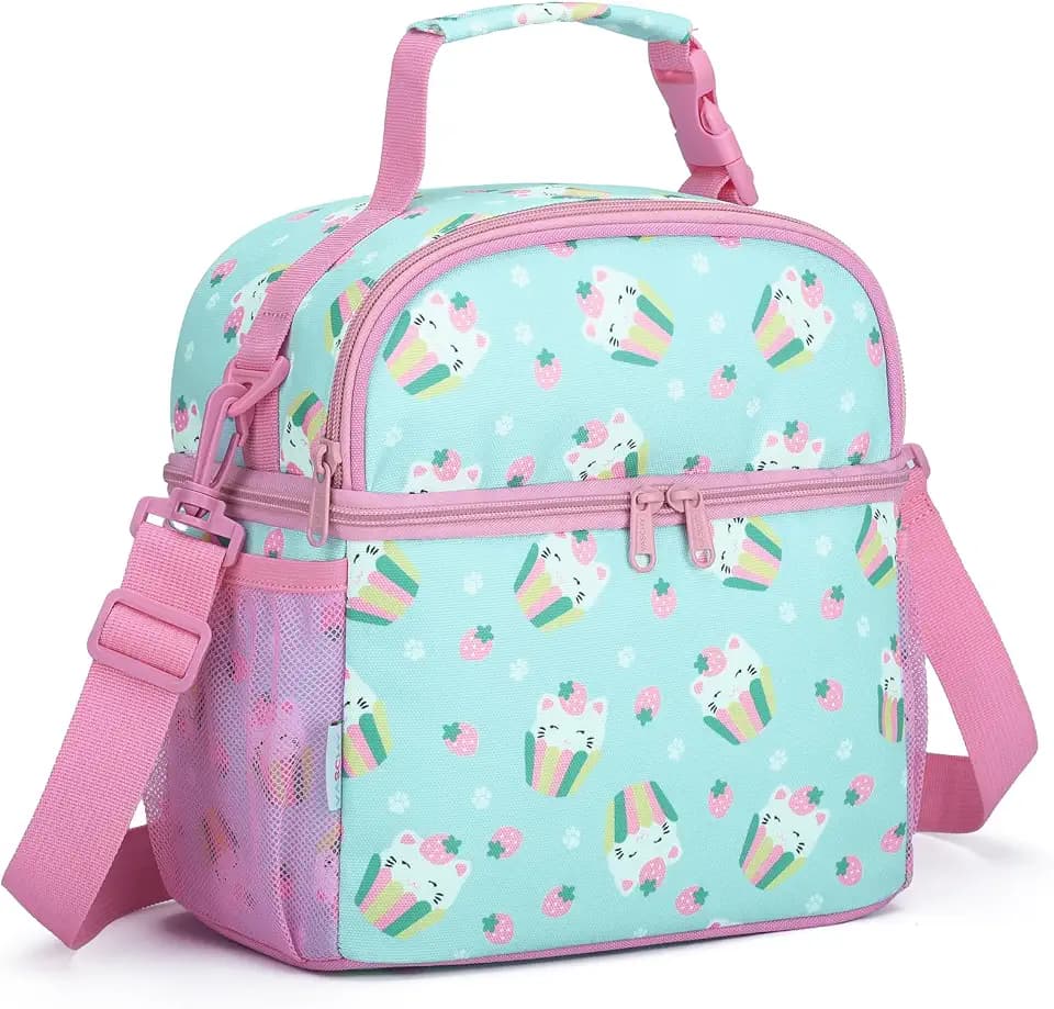 VASCHY Lunch Box Bag for Kids, Insulated Double Compartments Cooler Lunch Tote for Toddlers Girls School/Daycare/Picnic Cute Cats