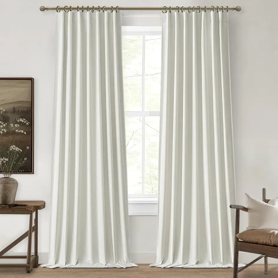 QJmydeco Beige White Linen Curtains 92 Inches Long 2 Panels Set, Modern Neutral Nursery Blackout Curtains for Kids Bedroom Thermal Drapes for Summer Heat Noise Reducing Hook Belt&Back Tab(W50 x L92)
