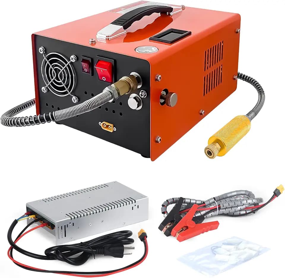 PCP Air Compressor 4500Psi/30Mpa Water/Oil Free PCP Air Pump Rifle/Pistol Paintball Cans Powered 12V Automotive DC 110V AC For Home Use With Power Converter And Oil-moisture Filter (ORANGE)