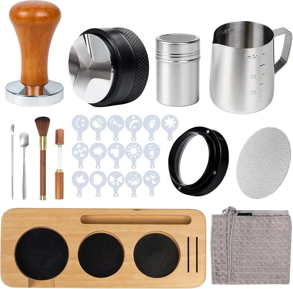 28PCS Espresso Accessories Kit,51mm Espresso Tamper Tools,Includes Wood Station,Distributor,Stirrer,Dosing Funnel,Brush,Puck Screen,Frothing Pitcher,Latte Pen,Powder Ring,Towel,Decorative Stencils
