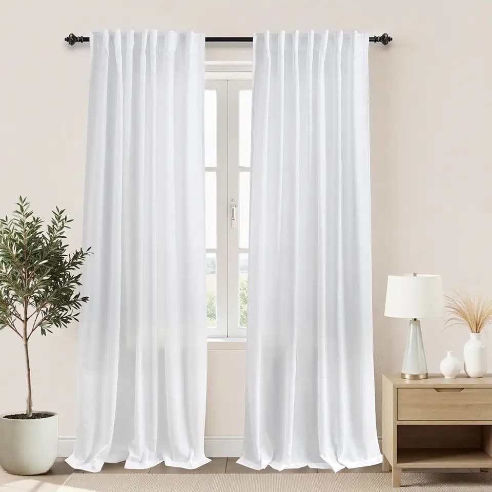 KOUFALL White Linen Sheer Curtains 84 Inches Long for Bedroom Living Room,Semi Transparent Light Filtering Not See Through Sliding Glass Door Curtains 2 Panel Sets 84 Inch Length