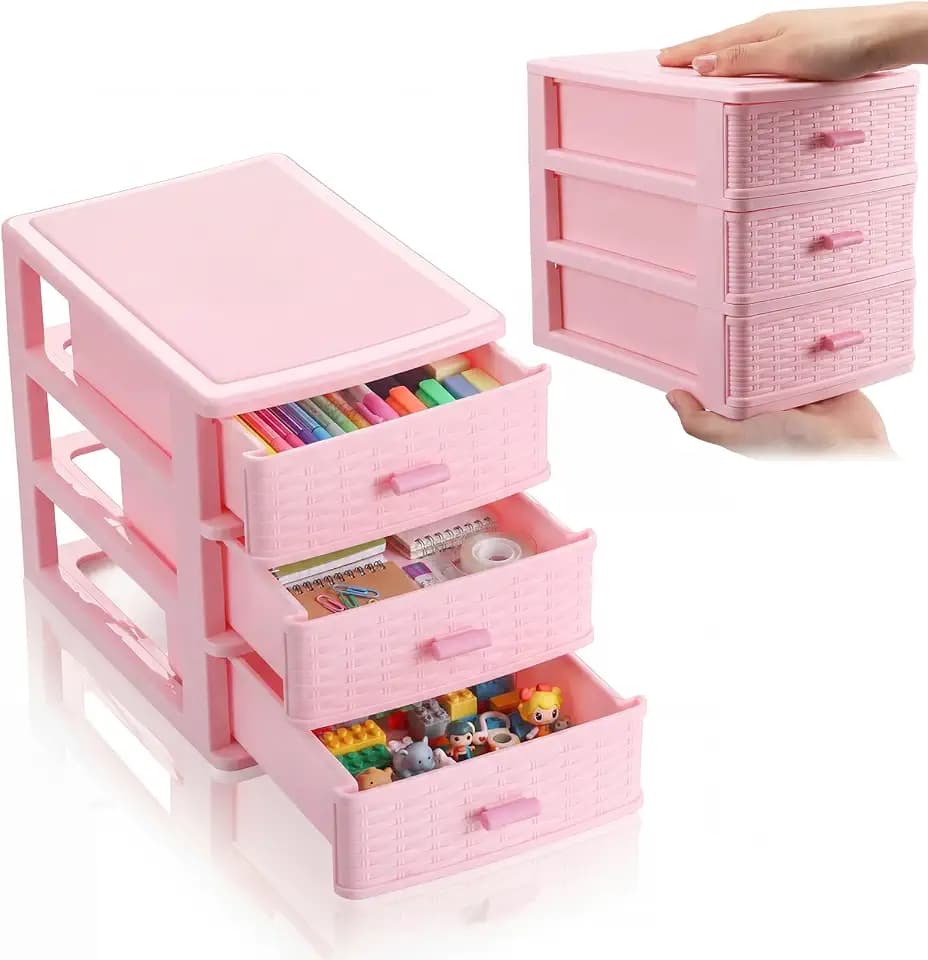 AceOrbit Small Storage Desk Wicker Weave Drawer, Pink