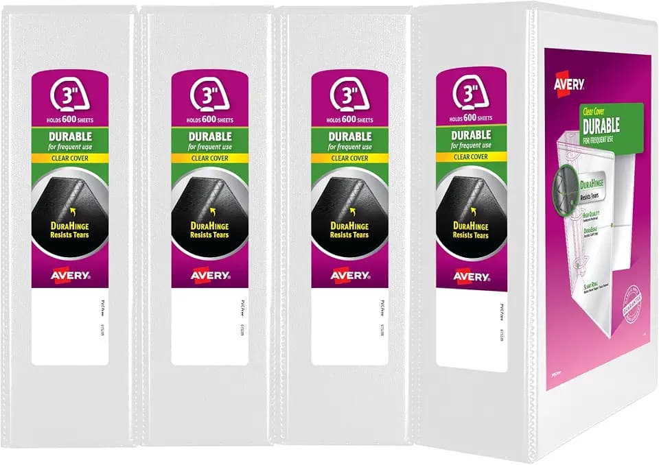 Avery® Durable View 3 Ring Binders, 3" Slant Rings, 4 White Binders