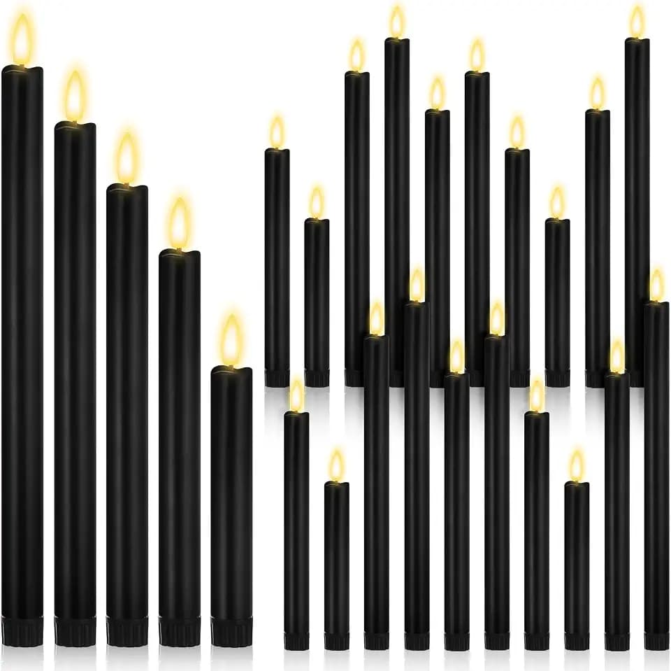 Rossesay 20 Pcs Flameless LED Taper Candles Battery Operated Taper Candles 5 Sizes of 6.5'', 7.7'', 8.8'', 10.0'', 11.2'' Flameless Candlesticks Flickering with 3D Flame for Wedding (Black)