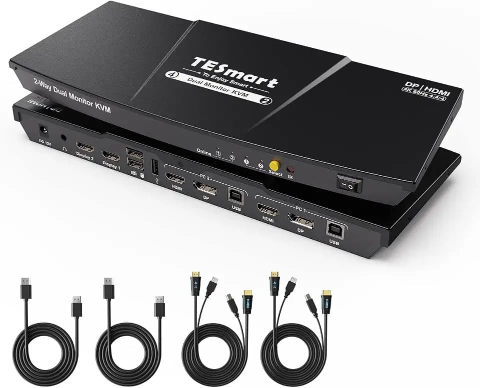 TESmart DisplayPort HDMI KVM Switch 2 PC 2 Monitor, 4K 60Hz KVM-Switch mit EDID, Audio, 3x USB für Scanner Drucker Tastatur Maus, Hotkey KVM Umschalter Dual Monitor, mit DP/KVM-Kabel, IR-Fernbedienung
