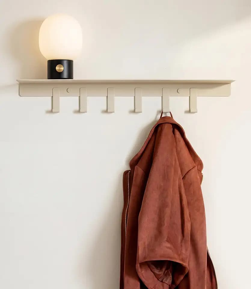Kazai. Coat Rack Wall Mount with Shelf 'Holmsen' | Coat Rack with Shelf for Storage and Display | Wall Hooks for Hanging Clothes and Purses | Modern Entryway Hangers in Metal | Sand Taupe