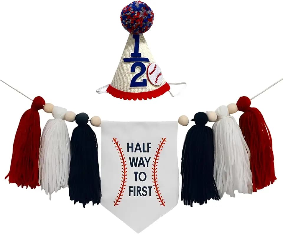Half Way to First Baseball High Chair Banner with 1/2 Cone Hat