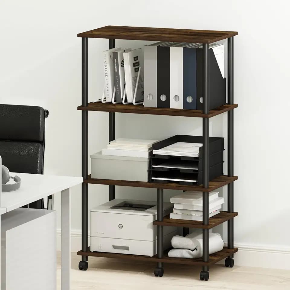 Furinno Turn-N-Tube Toolless Assembly 4-Tier Rustic Brown Printer Stand with Storage Shelf and Casters, Open Frame Standing Shelf, for CPU, Office Supplies, Home Office, Amber Oak