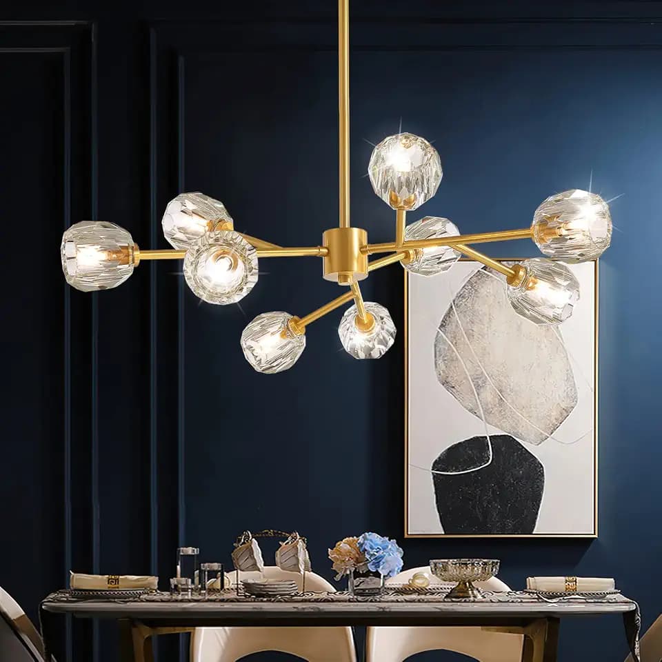 NOXARTE Gold Crystal Sputnik Chandelier 9-Lights, Brass Brushed Body, Globe Shape Modern Ceiling Pendant Lighting Fixture for Dining Room Living Room Bedroom