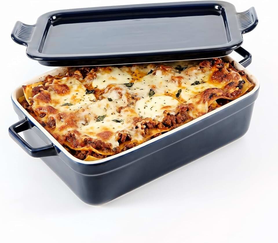 OVENTE 3 Qt Rectangular Ceramic Baking Dish with Lid, Blue BP13BL