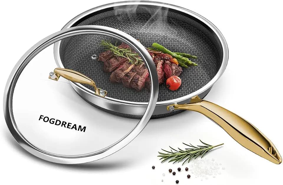 FogDream 8 Inch Stainless Steel Frying Pan with Lid, Honeycomb Hybrid Nonstick Skillet for Induction & All Cooktops, PFAS/PFOA/PTFE Free, Oven Safe to 500°F, Stay-Cool Handle, Dishwasher Safe, Gold