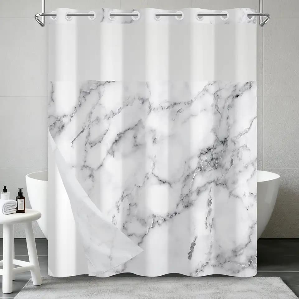 Grey and White Marble Shower Curtains for Bathroom, Waterproof Double Layers Fabric No Hook Shower Curtain and Liner Set with Top Mesh Window, Abstract Modern Luxury Bathroom Curtain, 71x74 Inch