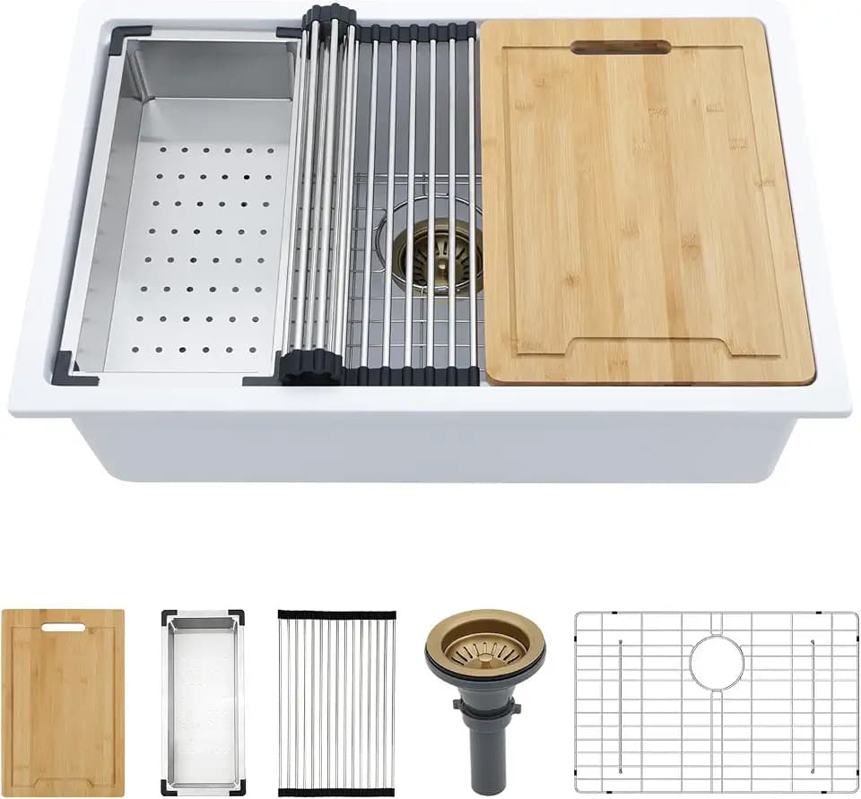 Kichae 28 x 19 Undermount Kitchen Sink White Granite Composite Workstation