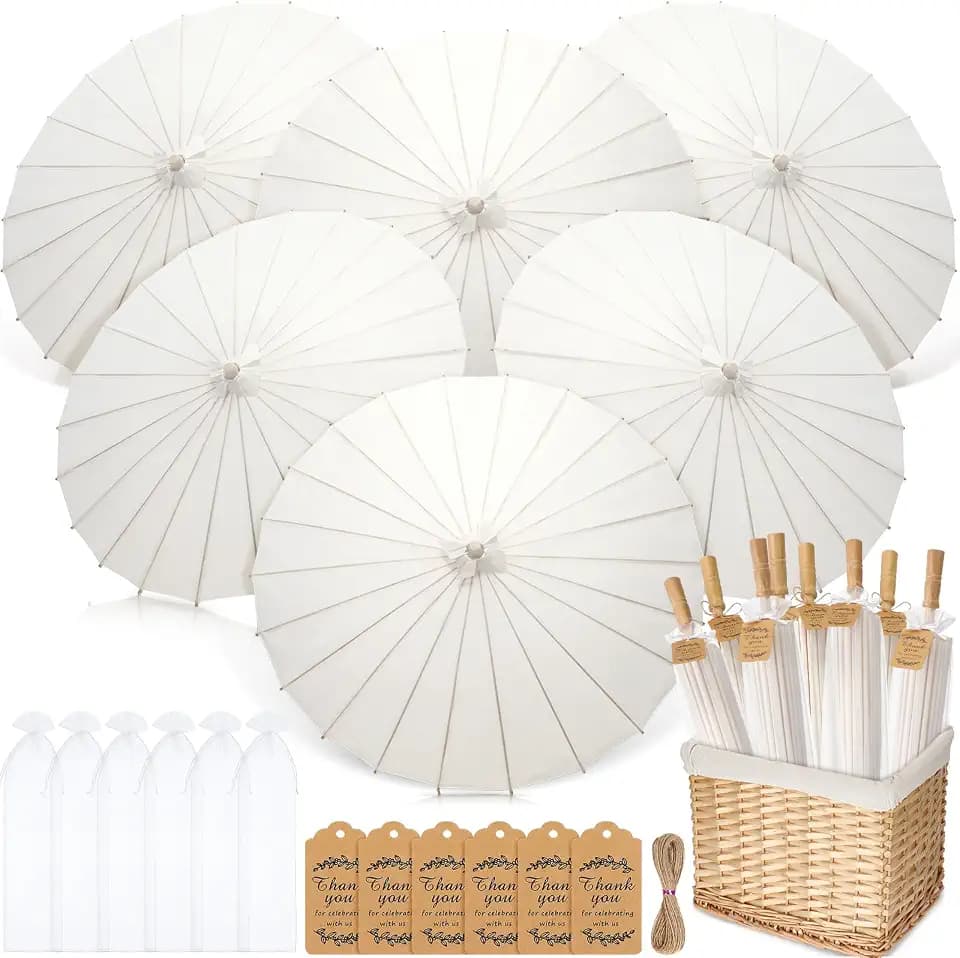 Huhumy 6 Set 33 Inch Paper Parasol Umbrella Thank You Cards, White