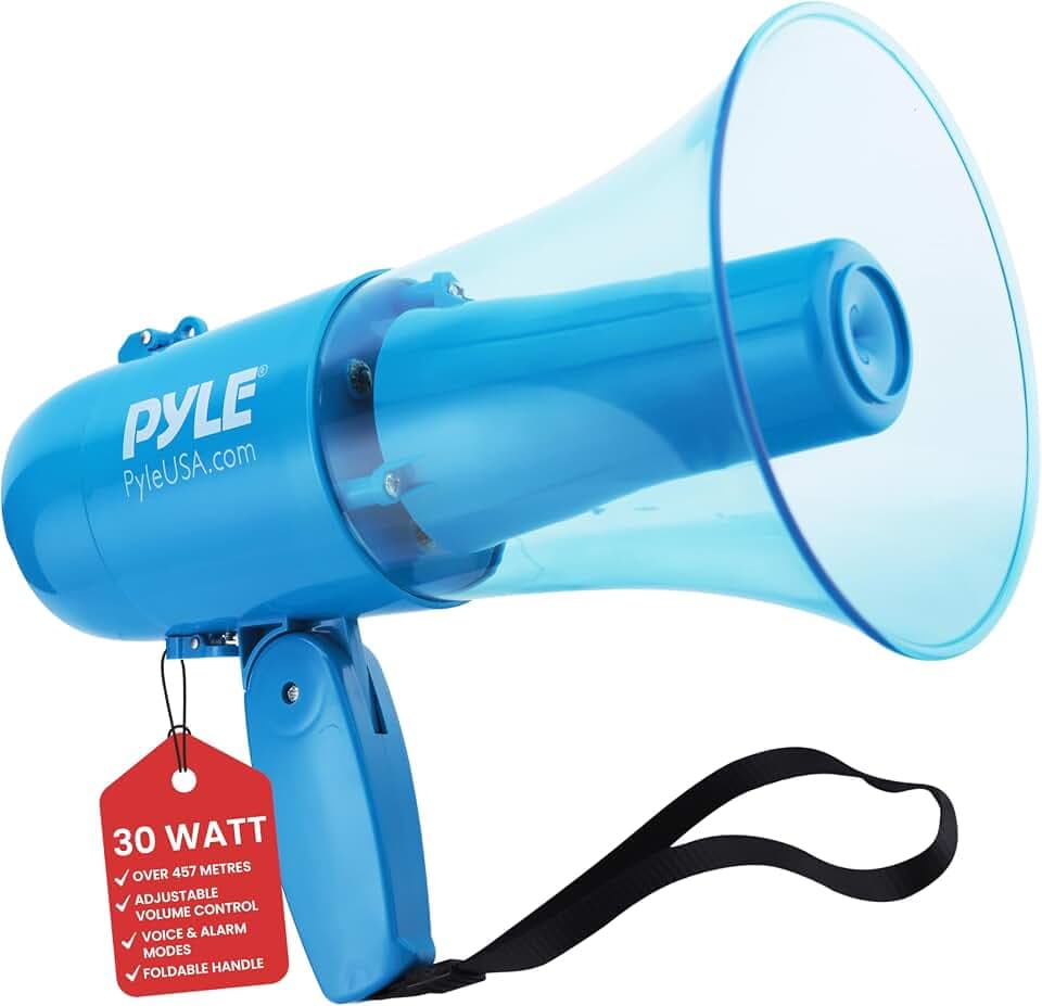 Pyle 30W Megaphone Bullhorn Speaker, Rechargeable Battery with Siren, LED Lights, Adjustable Volume, and 1000+ Yard Projection Range, Waterproof IP-X5, Ideal for Crowd Control & Indoor/Outdoor Events