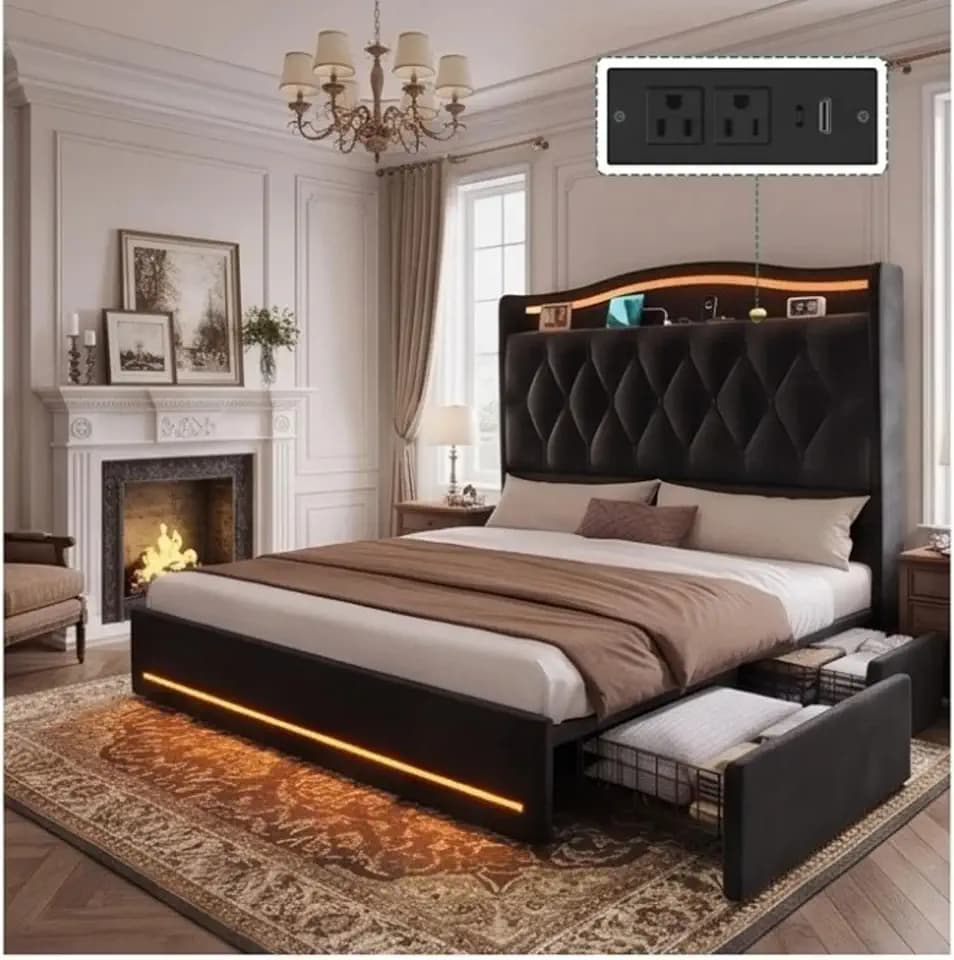 YITAHOME Black Velvet Queen Bed with 57'' Tall Headboard & RGB LED Lights