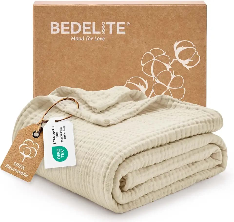 BEDELITE Musselin Decke 150 x 200 Erwachsene Tagesdecke Baumwolle, Beige