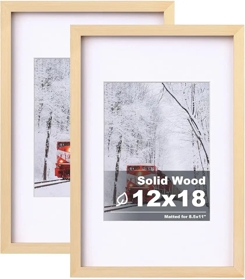 Egofine 12x18 Poster Frame Set of 2 Solid Wood Frame with Plexiglass Matted for 8.5x11 for Wall Mounting Hanging Picture Frame Vertically or Horizontally, Natural Wood