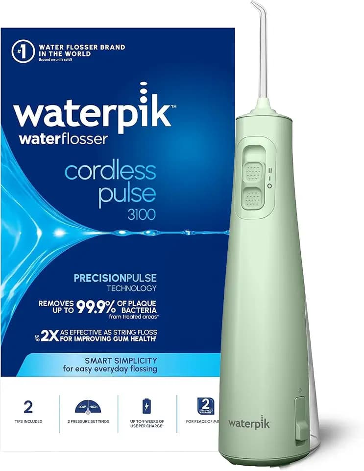 Waterpik Pulse Munddusche kabellos, Professionelle 99,9% Plaque Entfernung, 2 Intensitätsmodi, Zahnzwischenraumreiniger, 45 Sekunden Wassertankkapazität, 2x Aufsätze enthalten, mintgrün