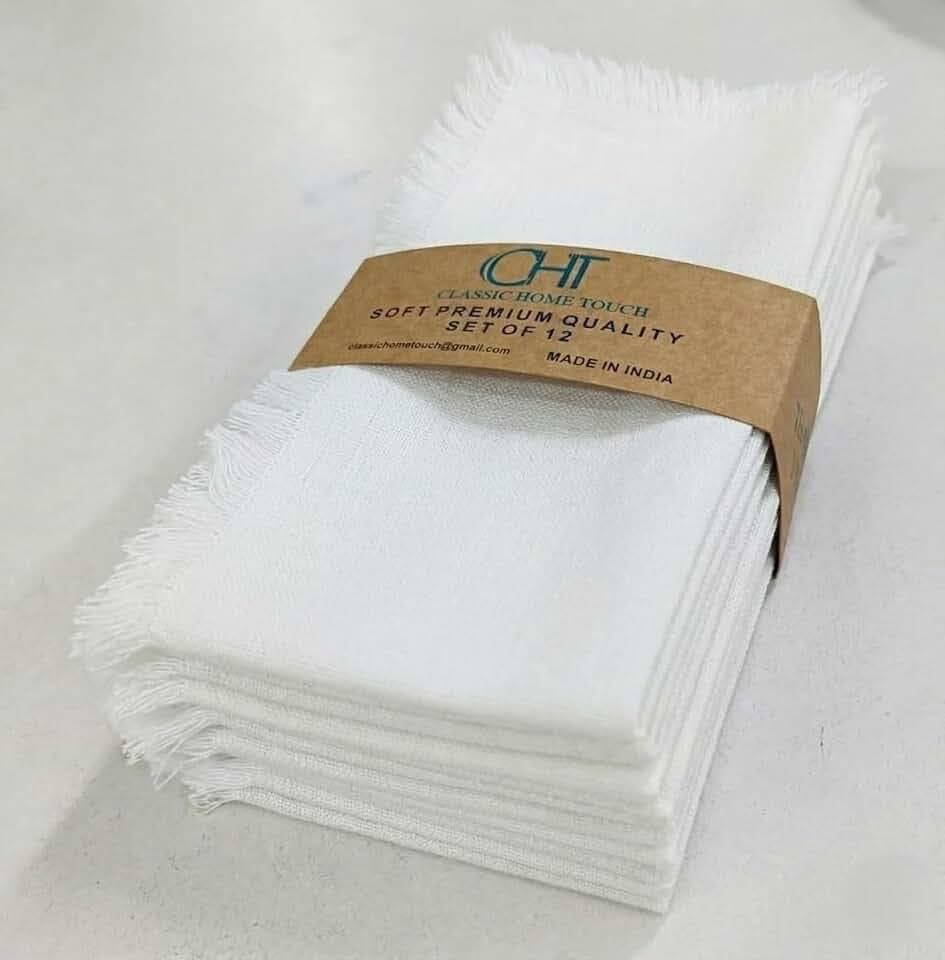 Cloth Dinner Napkins Set of 12 Fringe, 18x18 Inch, 85% Cotton 15% Linen